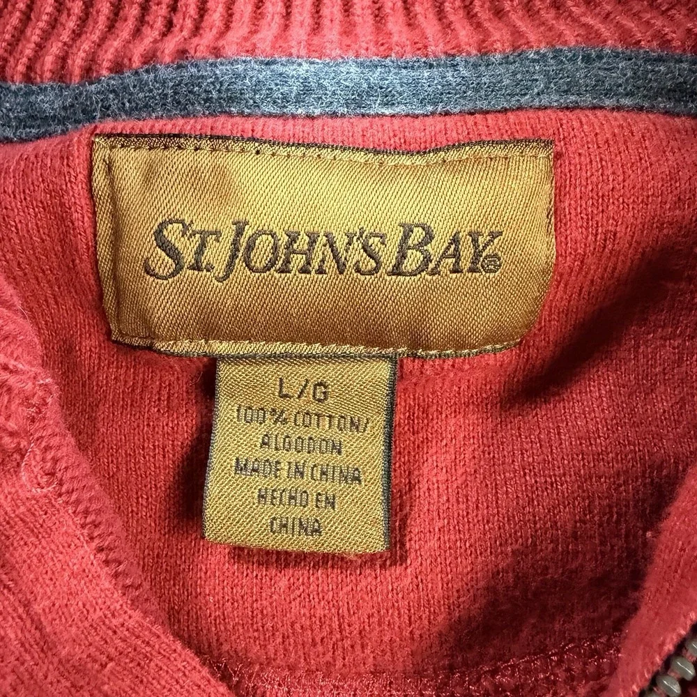St Johns Bay Mens Large Red Fair Isle Nordic Quarter Zip Cotton Sweater